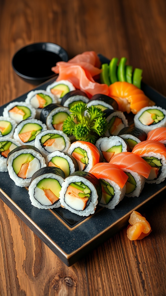A platter of colorful homemade sushi rolls with fish, avocado, and cucumber, served with soy sauce and garnishes.